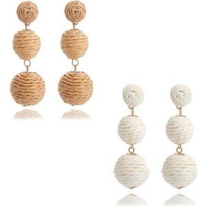 Boho Double Ball Drop Earrings – Woven Rattan Statement Earrings, Set of 2 pair